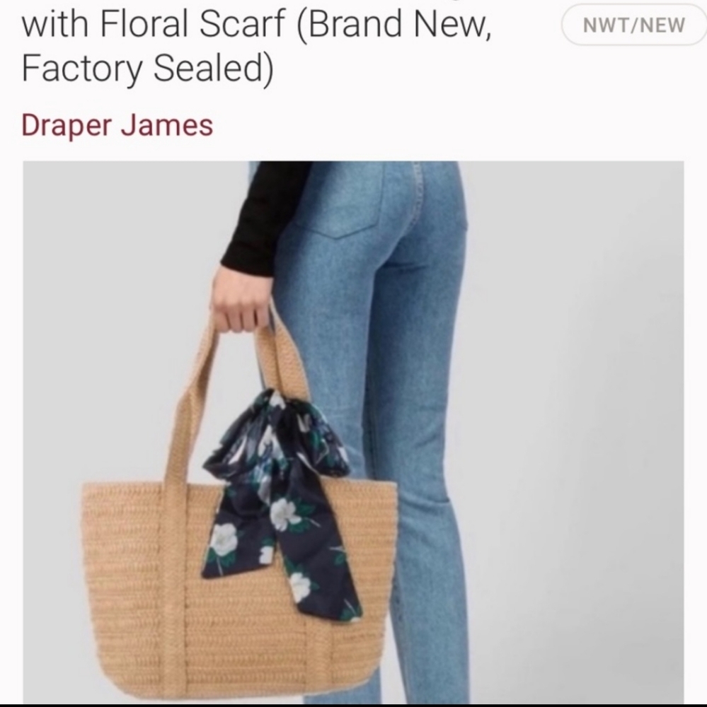 NEW IN PACKAGE DRAPER JAMES Straw Bag with Floral Scarf - Picture 8 of 9